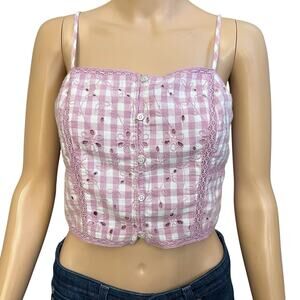 American Eagle Gingham Crop Top Medium Eyelet Embroidery Button Cotton Linen